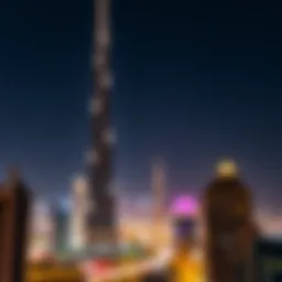 A breathtaking view of Sky Tower Dubai illuminated at night, showcasing its striking silhouette against the city skyline.