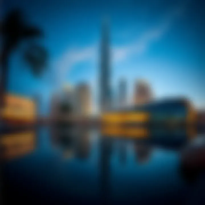 A panoramic shot capturing the reflection of Sky Tower in nearby water bodies, enhancing its visual impact and elegance.