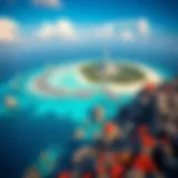 Aerial view of a tropical island with vibrant coral reefs