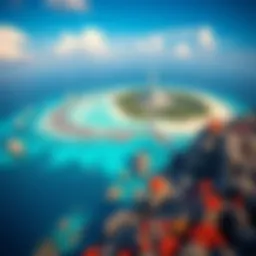Aerial view of a tropical island with vibrant coral reefs