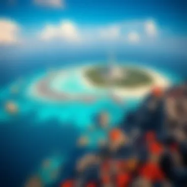 Aerial view of a tropical island with vibrant coral reefs