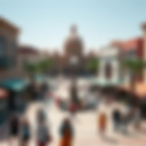 A vibrant town square bustling with activity and interaction