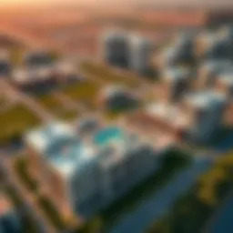 A stunning aerial view of the Viva Arjan community showcasing its modern architecture and green spaces