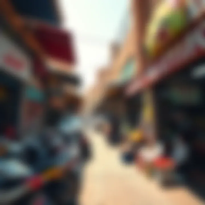 The bustling local market in Viva Arjan, filled with shops offering unique products and fresh produce