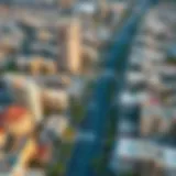 Aerial view of Friends Avenue showcasing the blend of residential and commercial spaces