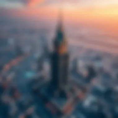 Aerial view of Hessa Tower amidst the Dubai skyline