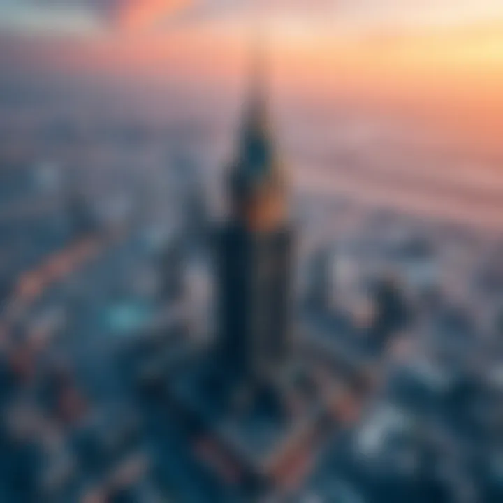 Aerial view of Hessa Tower amidst the Dubai skyline