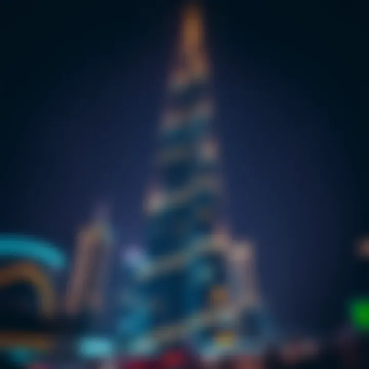 Hessa Tower illuminated at night showcasing its grandeur