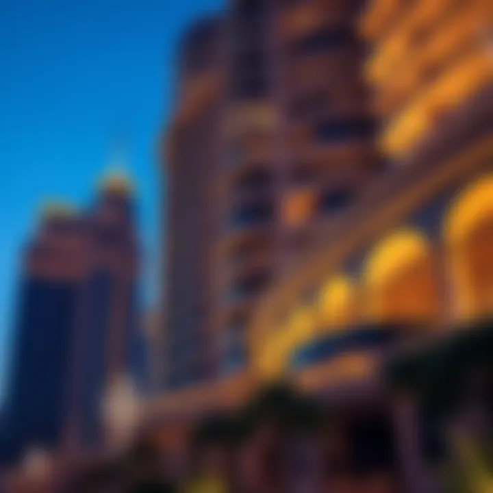 Architectural details highlighted by evening lights