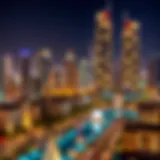 Stunning night view of Jumeirah Lake Towers illuminated