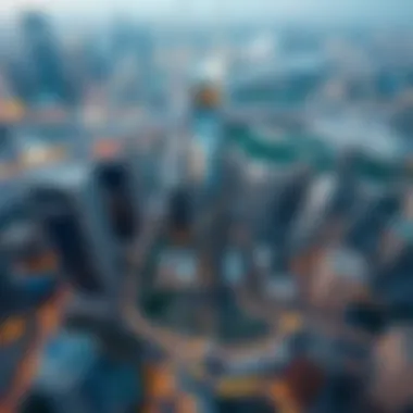 Aerial view of the Index Tower surrounded by Dubai's skyline