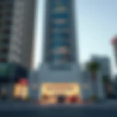 Exterior view of Index Tower highlighting its architectural features and parking entrance