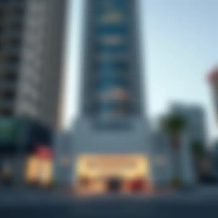 Exterior view of Index Tower highlighting its architectural features and parking entrance