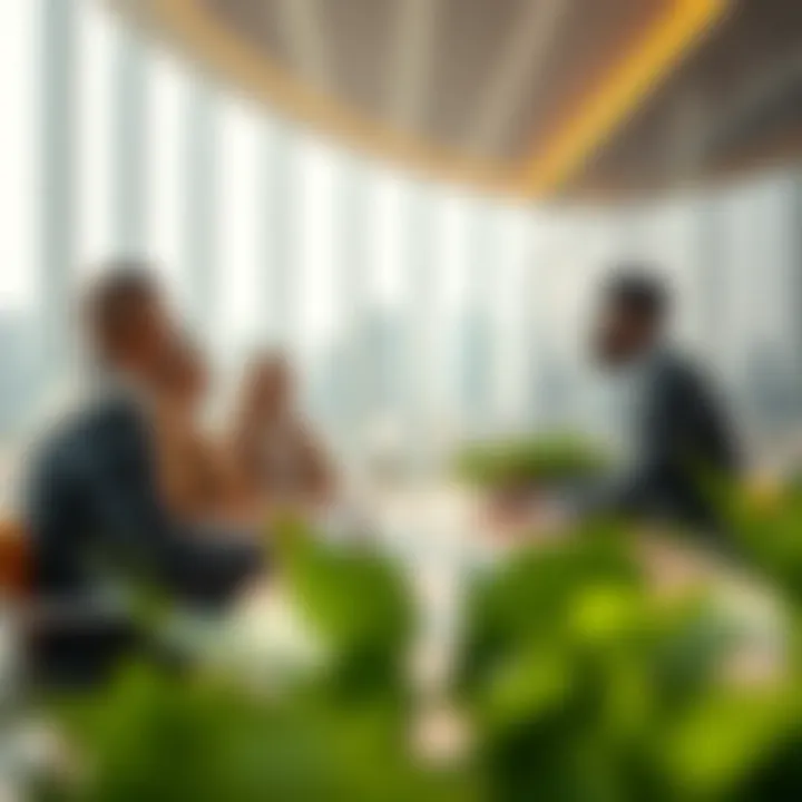 Business professionals discussing growth strategies in an investment park