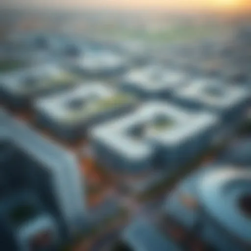Aerial view of a bustling investment park in Dubai showcasing modern architecture and greenery.