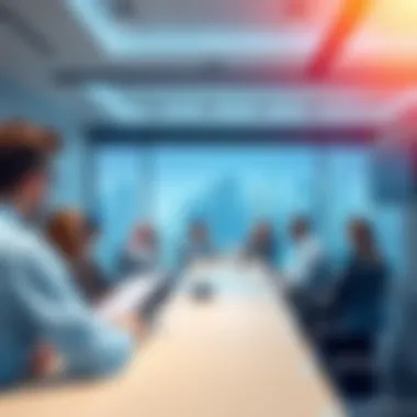 Strategic Discussions in a Modern Meeting Room Business professionals discussing strategies in a high-tech meeting room within an investment park.