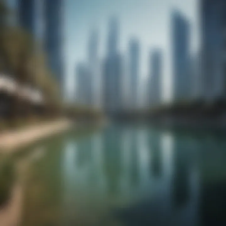 A serene lake surrounded by modern architecture in JLT