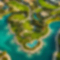 Aerial view showcasing the lush greens and water features of Jumeirah Golf Estates