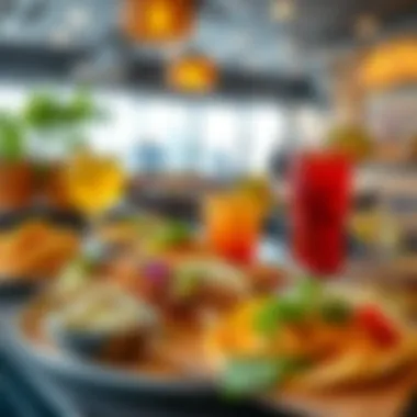 A beautifully arranged spread of Maiz Tacos menu items with drinks.