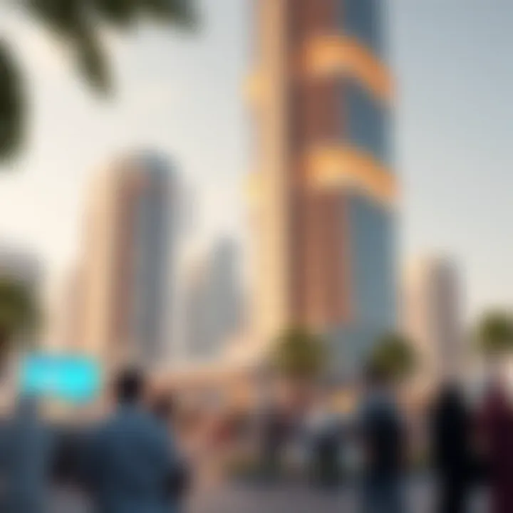 The lively surroundings of the Manal Tower displaying community interactions around the area