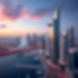 A panoramic view of Marina Pinnacle showcasing its impressive architectural design against the Dubai skyline