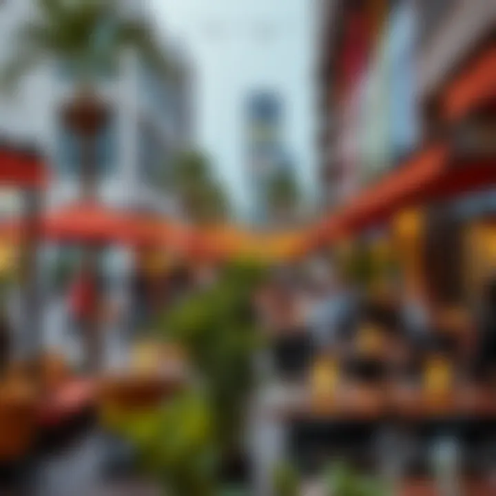 Diverse dining scene in Meydan City with outdoor seating