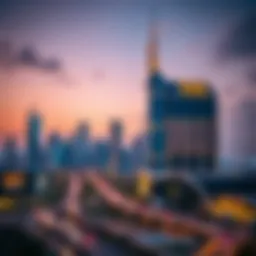 Luxurious skyline of Meydan City at twilight