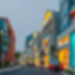 A vibrant street scene showcasing the modern architecture of Muhaisnah 4