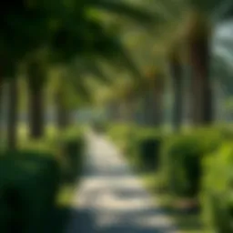 A serene pathway lined with lush greenery in Mushref Park