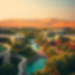 A stunning view of Oasis Dubai showcasing lush greenery against the desert backdrop.