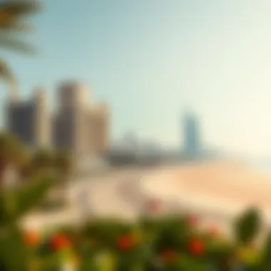 Luxury Resorts at Palm Jumeirah Beach Relaxing beachfront with luxurious resorts lining Palm Jumeirah