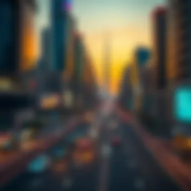 Vibrant urban landscape along Sheikh Zayed Road at sunset