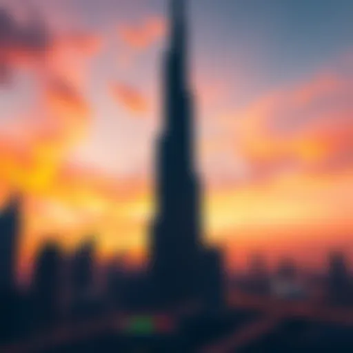 Sky Tower Dubai at Sunset Panoramic view of Sky Tower Dubai against a sunset sky