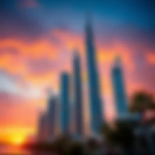 Stunning view of Dubai's iconic Sky Towers against a sunset backdrop