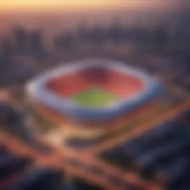 A Modern Sports City and Its Iconic Stadium An aerial view of a modern sports city with a football stadium