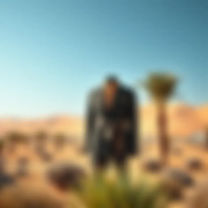 Palm Couture Against a Desert Backdrop Stylish palm couture clothing displayed against a backdrop of desert landscapes.