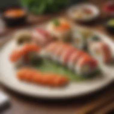 Culinary Artistry in Sushi An artistically plated sushi dish, emphasizing the cultural significance and aesthetic appeal of sushi as an art form.