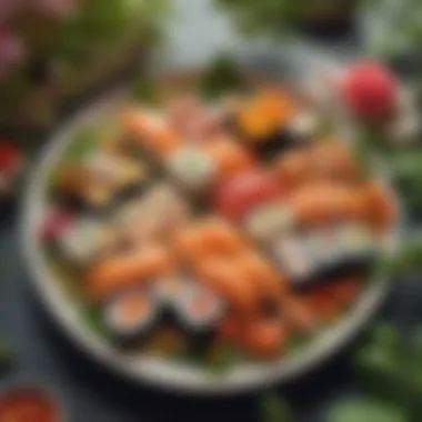 Sushi Presentation Amidst Nature A beautifully arranged plate of sushi showcasing vibrant colors and artistic presentation in a natural outdoor setting.