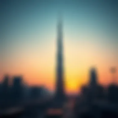 The Sky Tower amidst the Dubai skyline during sunset