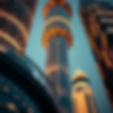 Close-up of intricate architectural details on a modern tower in Dubai