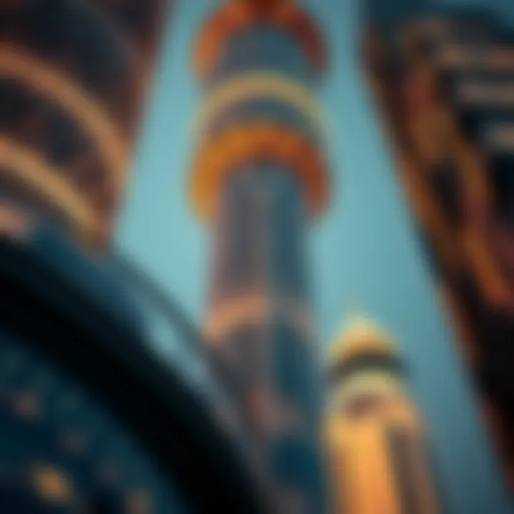 Close-up of intricate architectural details on a modern tower in Dubai