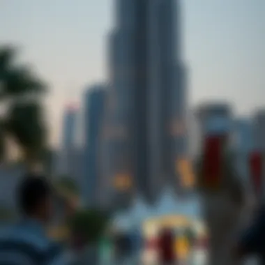 Cultural event taking place at the base of a prominent tower in Dubai