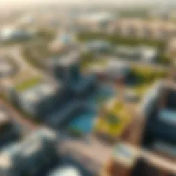 Aerial view of Town Square Dubai showcasing its modern architecture and green spaces