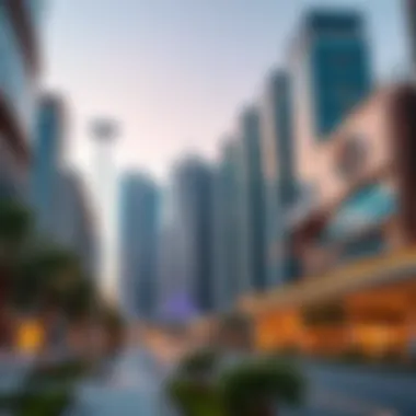 Modern architecture of DIFC buildings with skyline