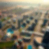 Aerial Perspective of Dubai Studio City Aerial view of Dubai Studio City showcasing its layout and surroundings