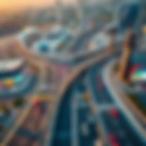 Aerial view of Al Khail Road showcasing its extensive lanes and traffic flow in Dubai.