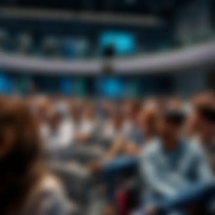 Modern lecture hall filled with engaged students during a presentation